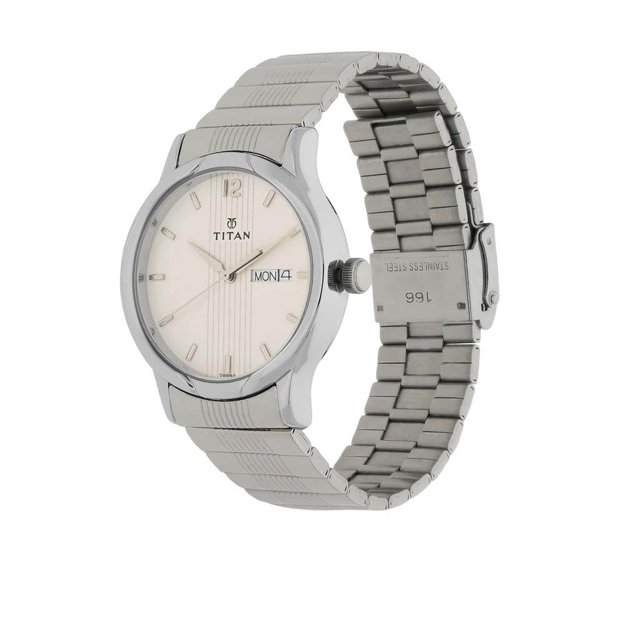 Titan Quartz Analog with Day and Date Silver Dial Stainless Steel Strap Watch for Men