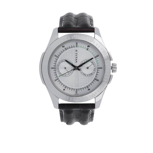 Titan Quartz Analog with Day and Date Silver Dial Leather Strap Watch for Men