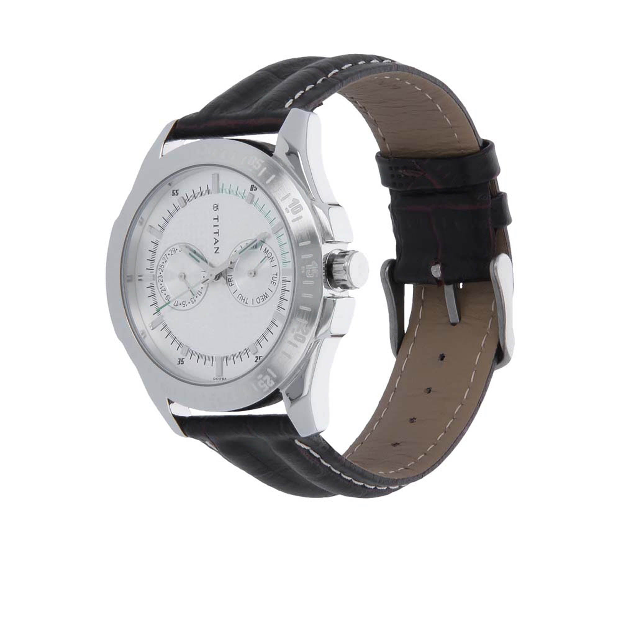 Titan Quartz Analog with Day and Date Silver Dial Leather Strap Watch for Men