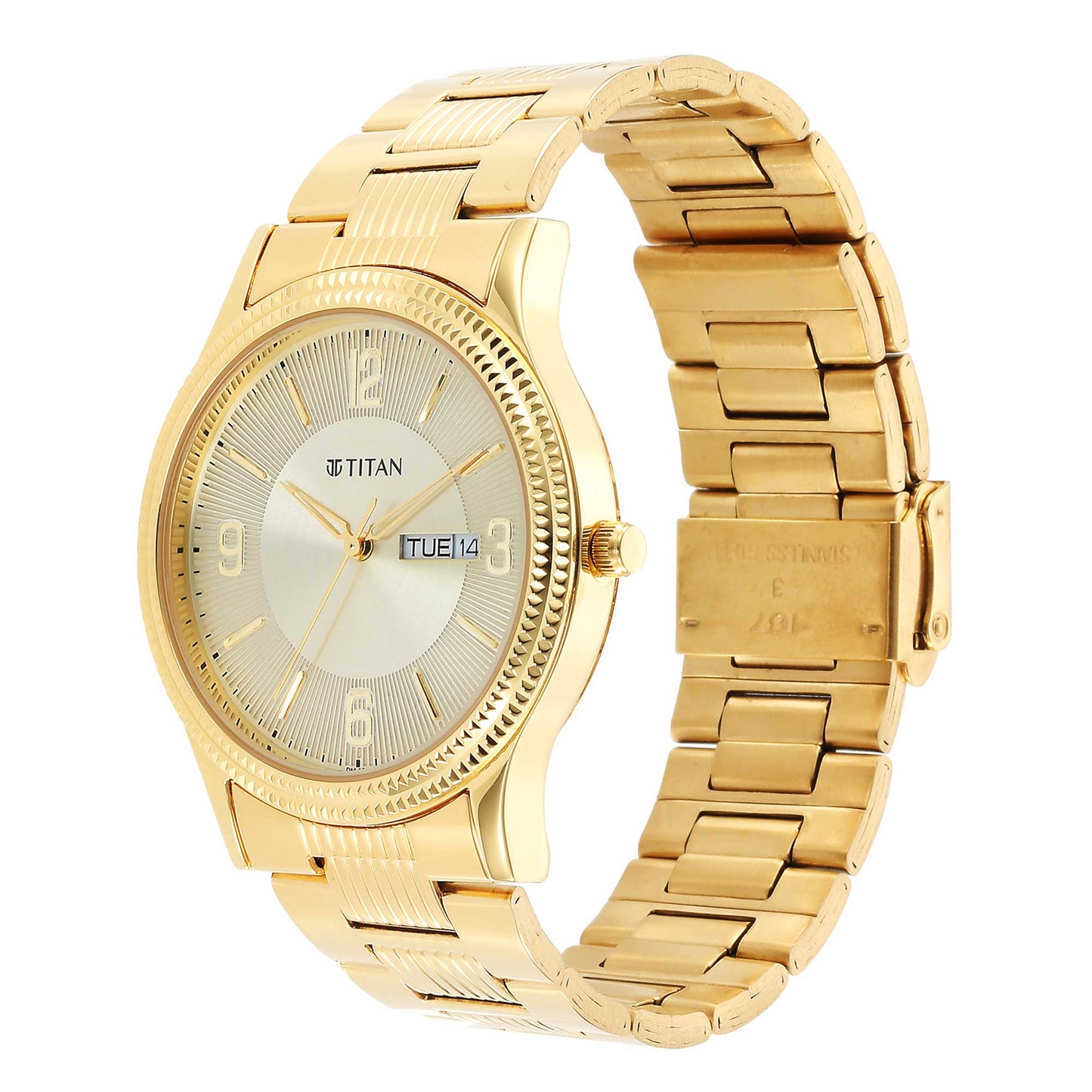 Titan Quartz Analog Champagne Dial Stainless Steel Strap Watch for Men