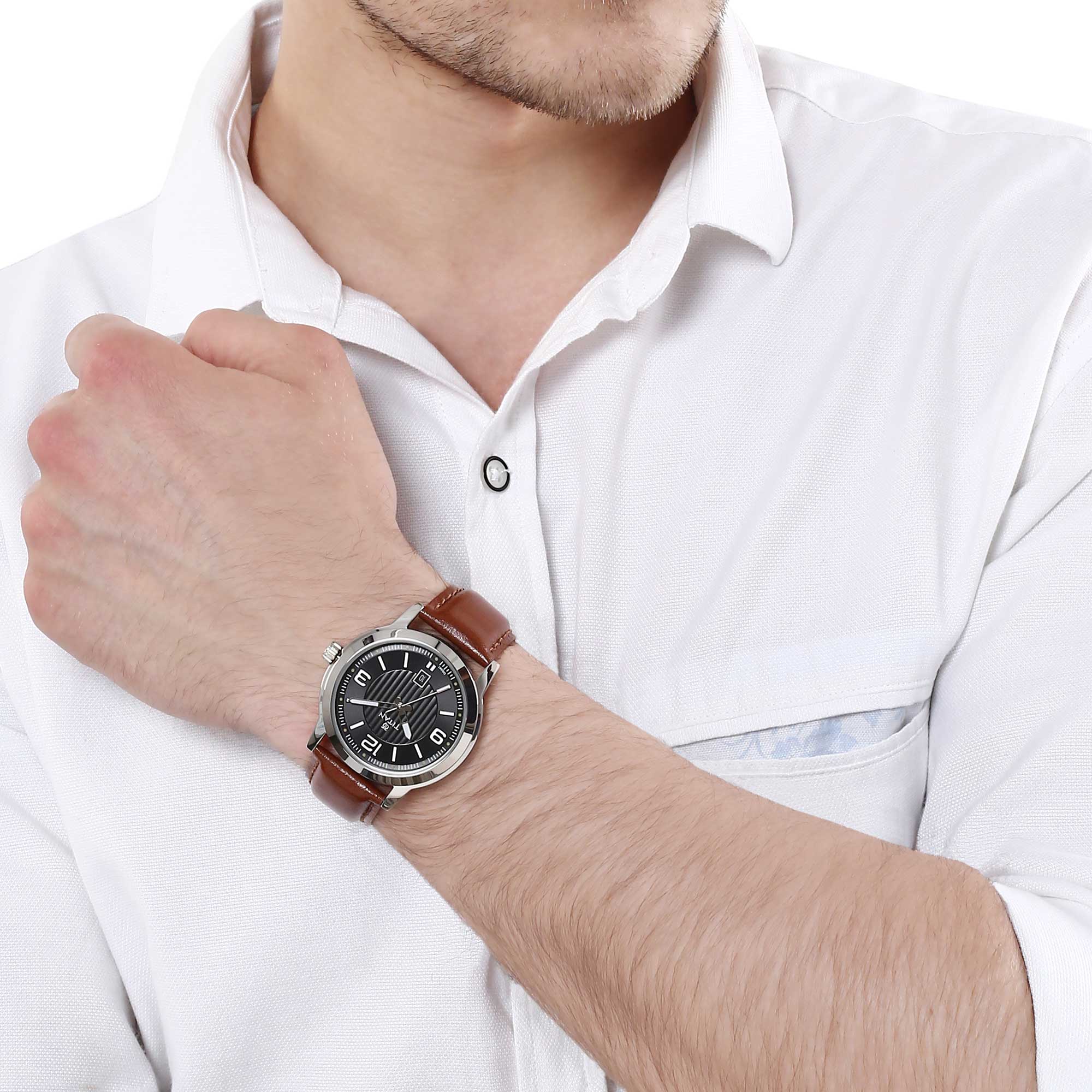 Titan Quartz Analog Black Dial Leather Strap Watch for Men