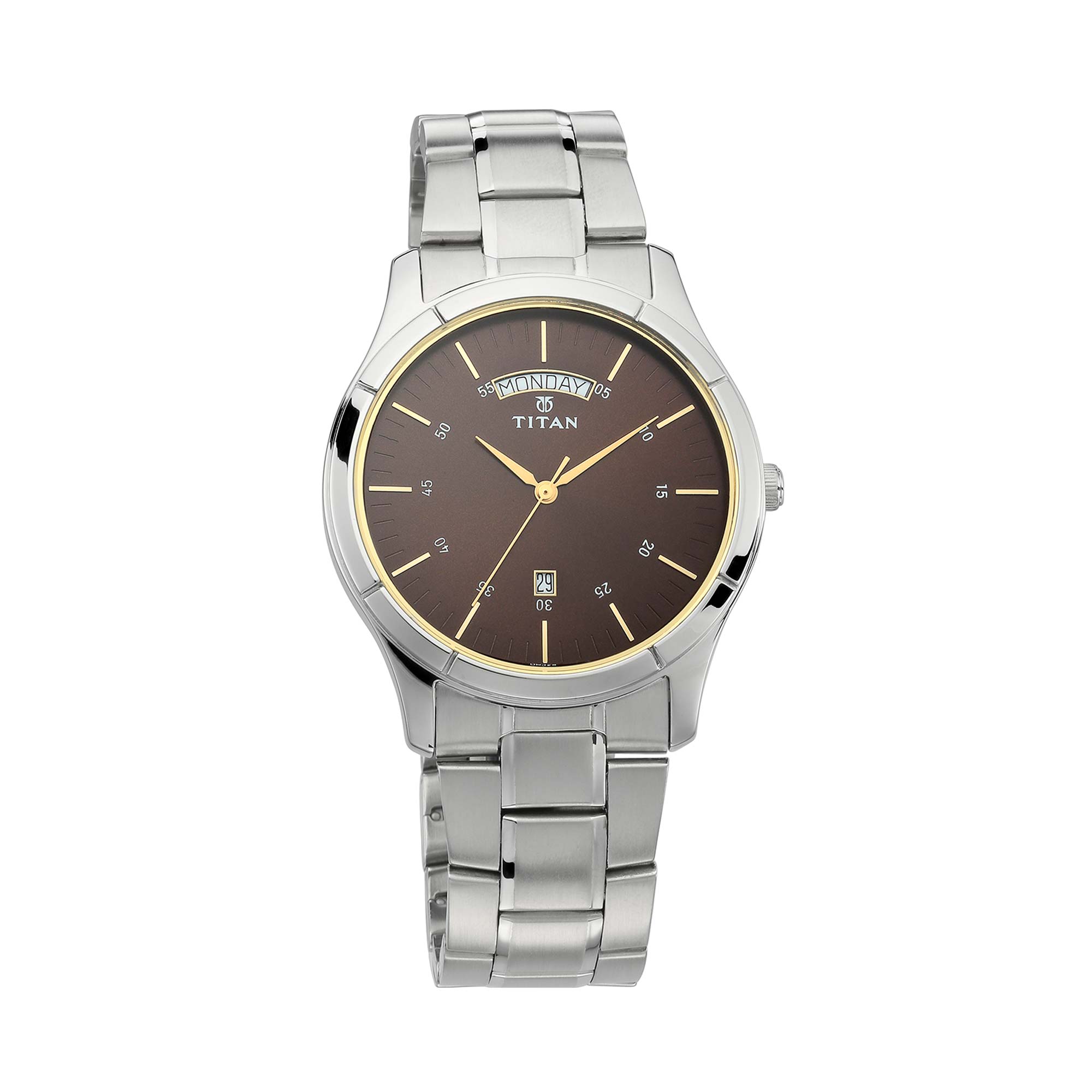 Titan Workwear Brown Dial Analog with Day and Date Stainless Steel Strap Watch for Men