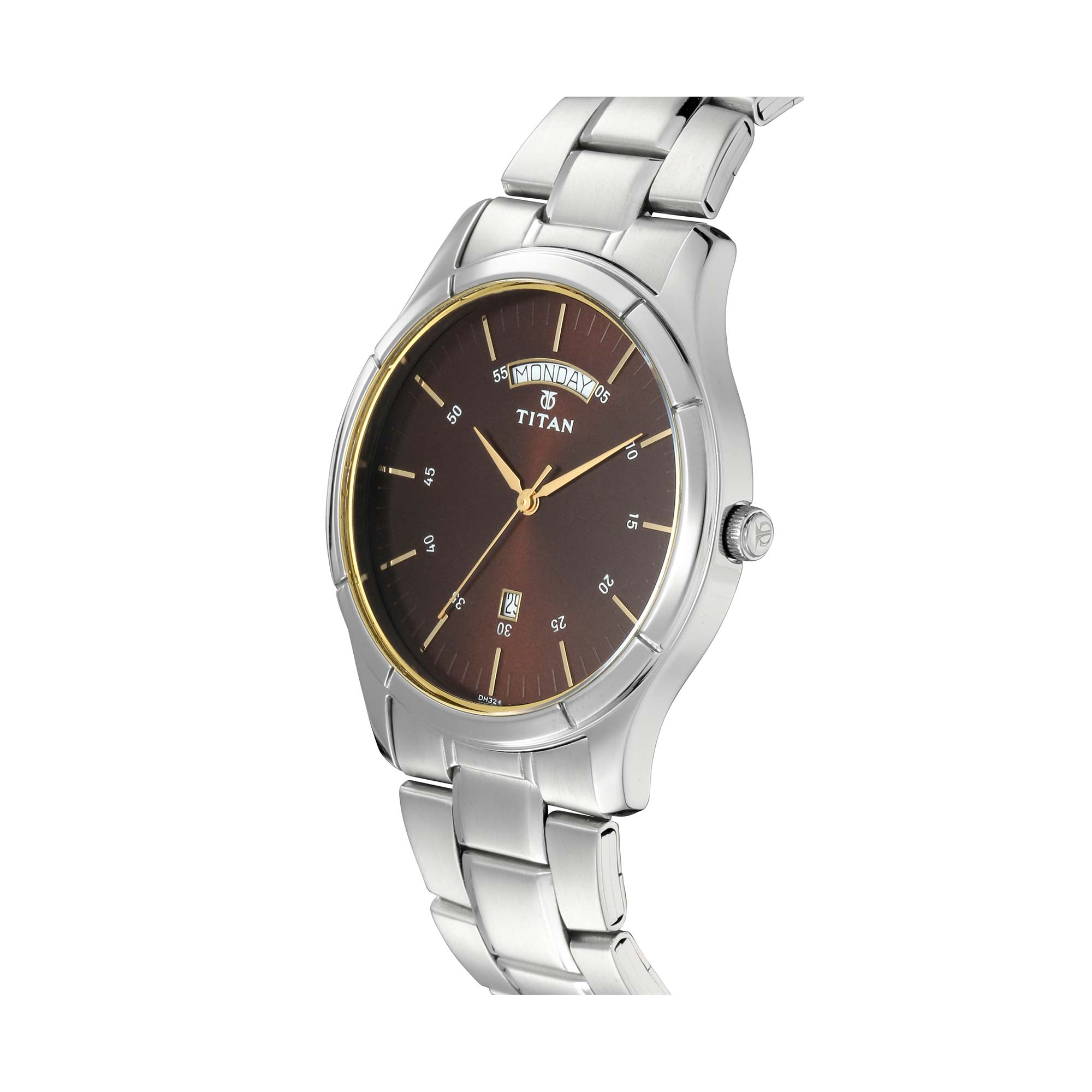Titan Workwear Brown Dial Analog with Day and Date Stainless Steel Strap Watch for Men