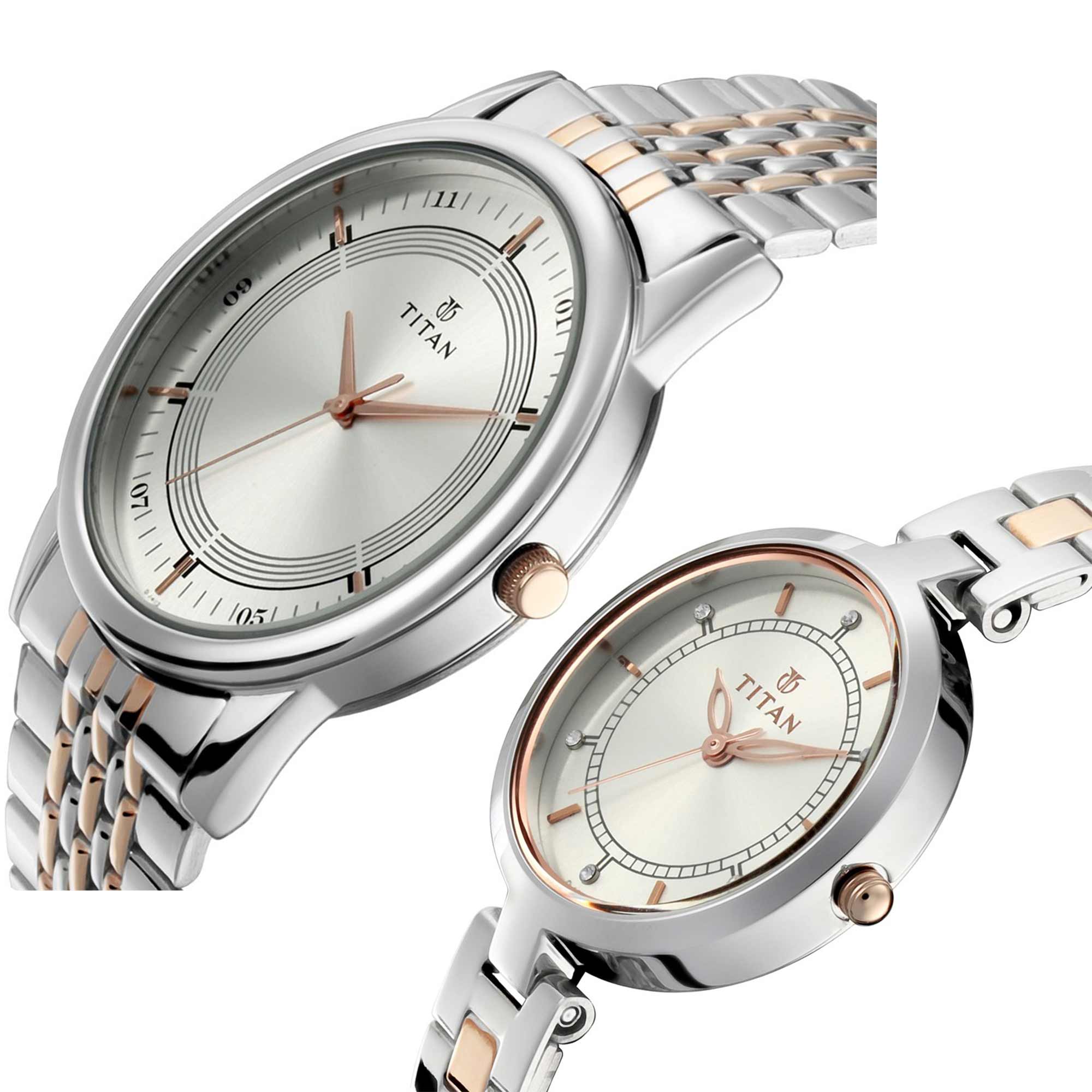 Titan Quartz Analog Silver Dial Stainless Steel Strap Watch for Couple