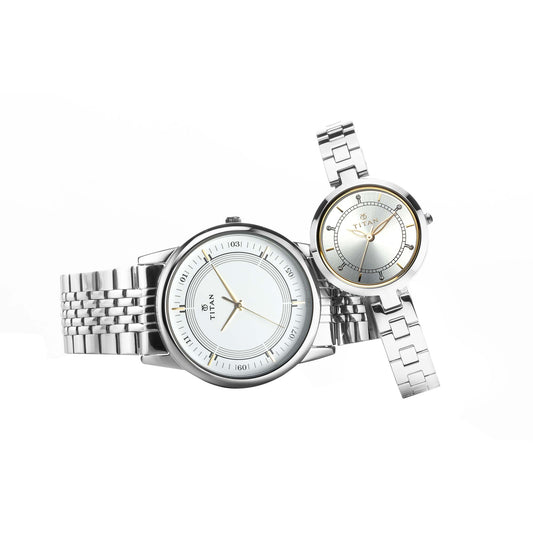 Titan Quartz Analog Silver Dial Stainless Steel Strap Watch for Couple
