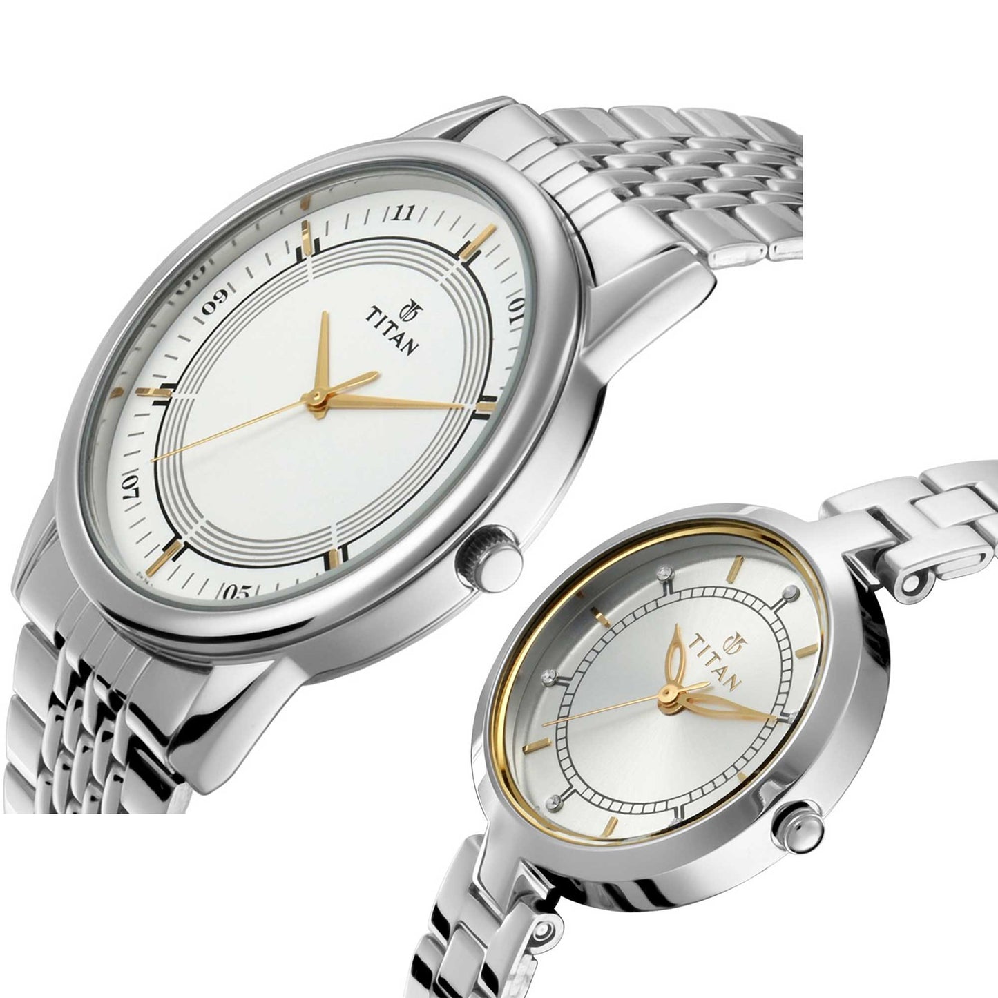 Titan Quartz Analog Silver Dial Stainless Steel Strap Watch for Couple