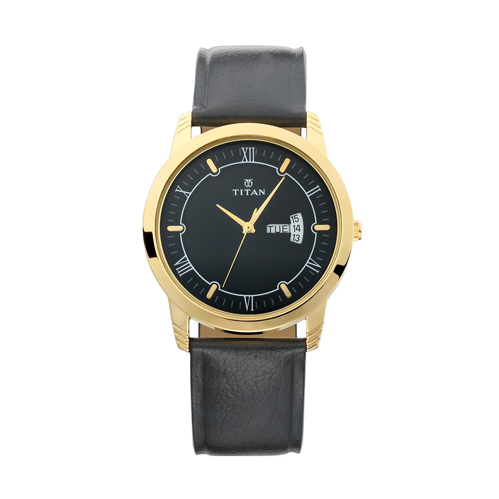 Titan Analog Black Dial Day and Date Leather Strap watch for Men