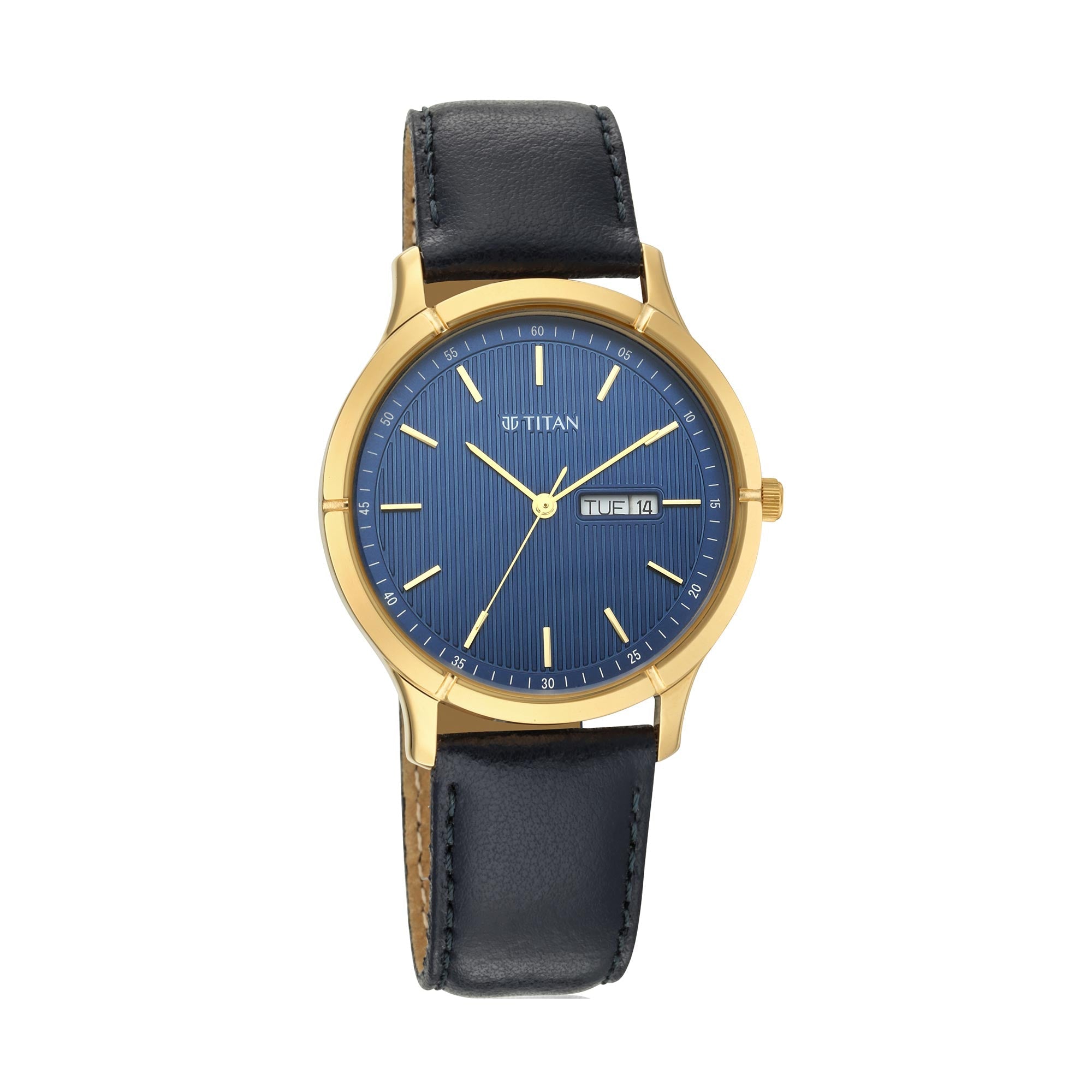 Titan Lagan Blue Dial Analog with Day and Date Leather Strap Watch for Men