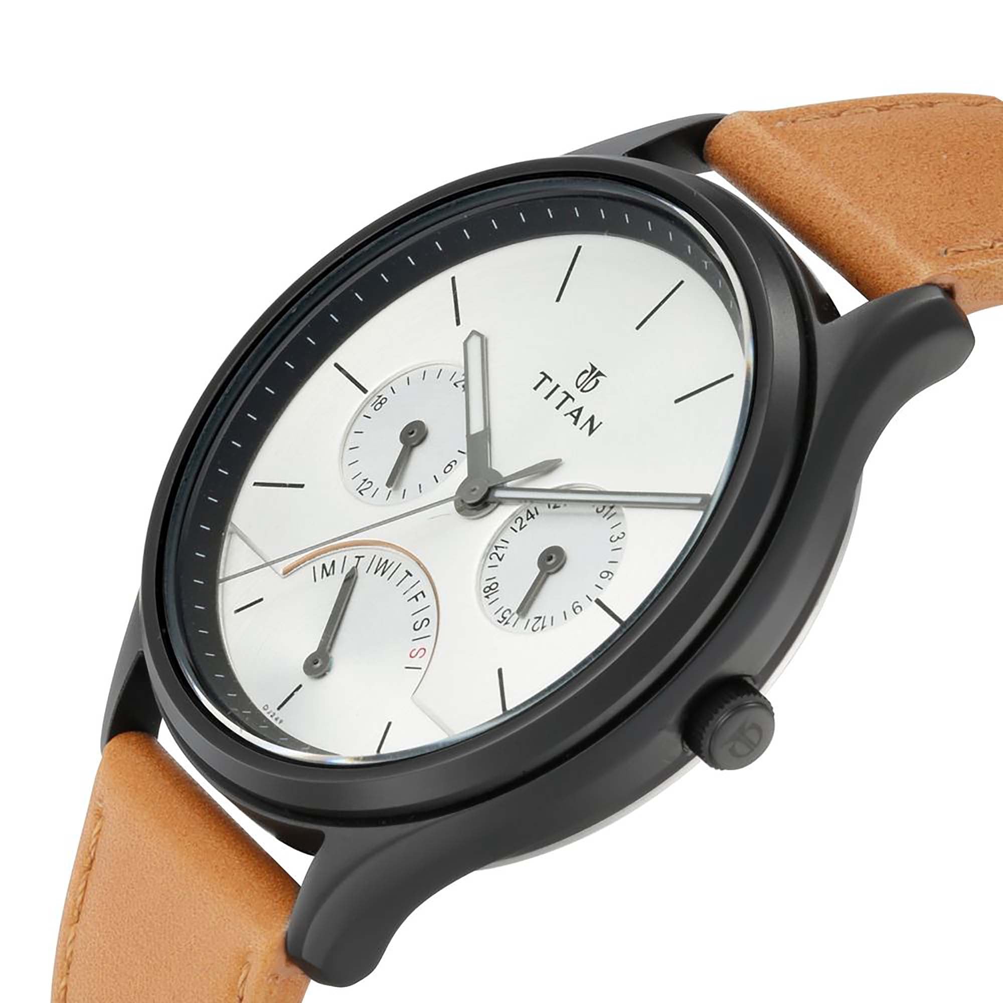 Titan Quartz Multifunction Silver Dial Leather Strap Watch for Men