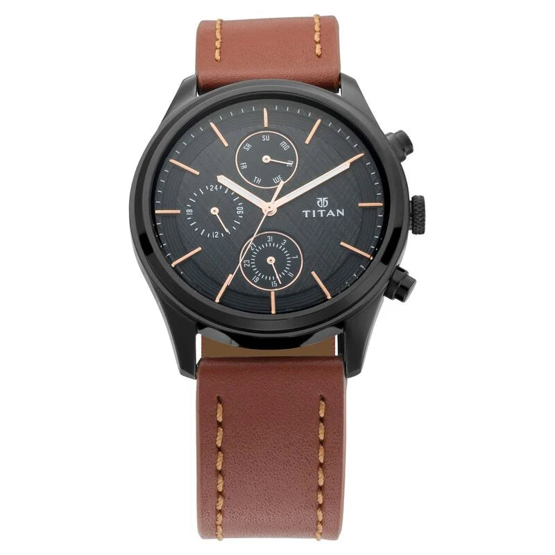 Titan Quartz Multifunction Black Dial Leather Strap Watch for Men 1805NL01