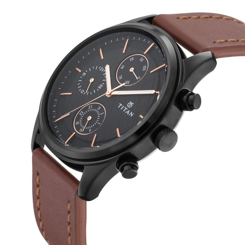 Titan Quartz Multifunction Black Dial Leather Strap Watch for Men 1805NL01