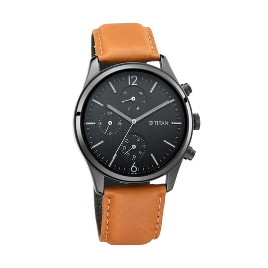 Titan Quartz Multifunction Black Dial Leather Strap Watch for Men