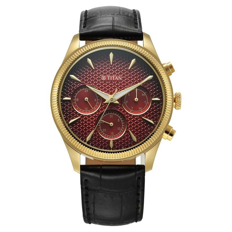 Titan Regalia Opulent Quartz Analog with Day and Date Red Dial Black Leather Strap Watch for Men