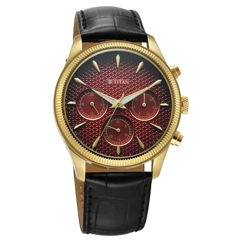 Titan Regalia Opulent Quartz Analog with Day and Date Red Dial Black Leather Strap Watch for Men