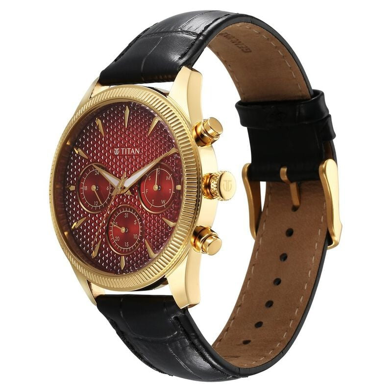 Titan Regalia Opulent Quartz Analog with Day and Date Red Dial Black Leather Strap Watch for Men