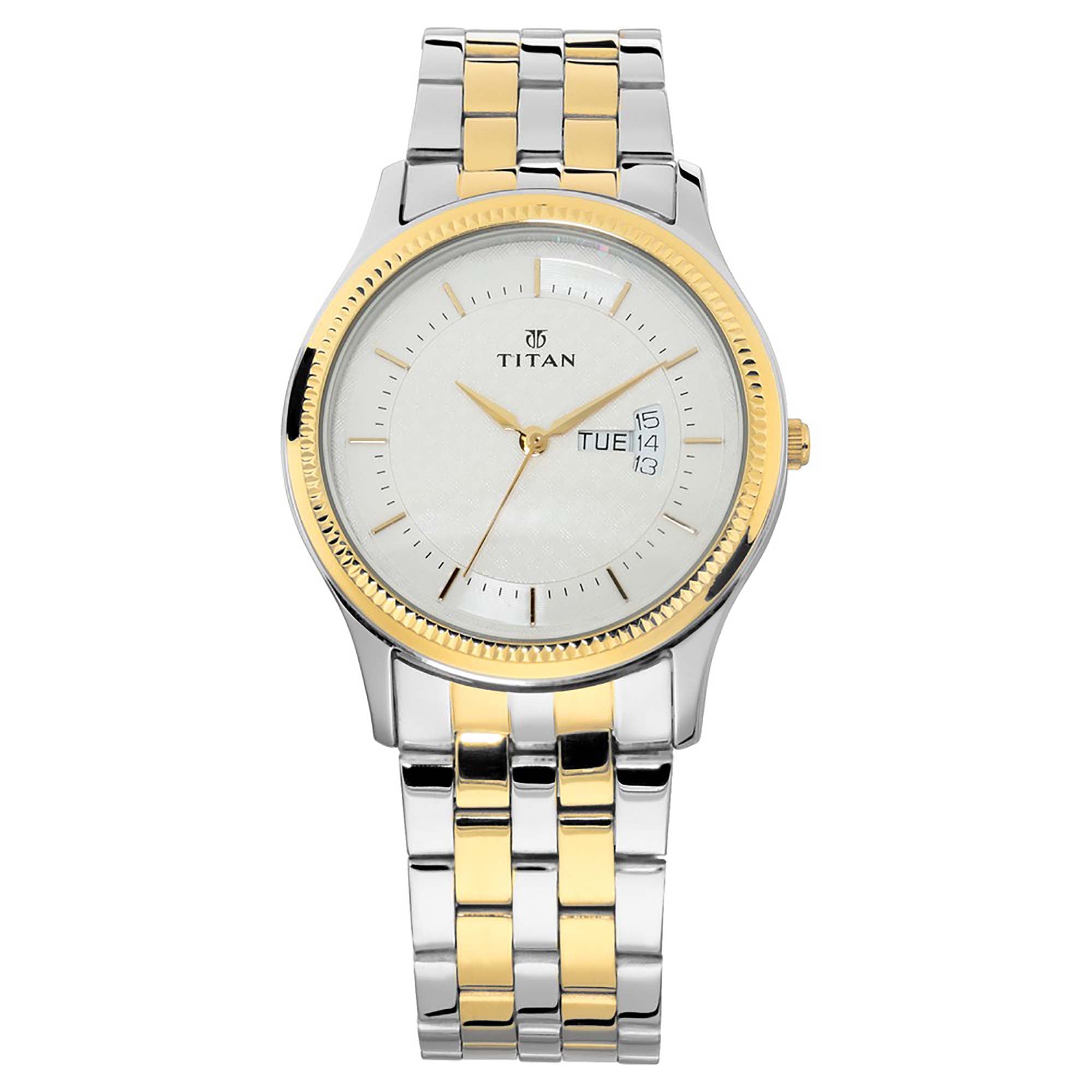 Titan Quartz Analog with Day and Date Silver Dial Stainless Steel Strap Watch for Men