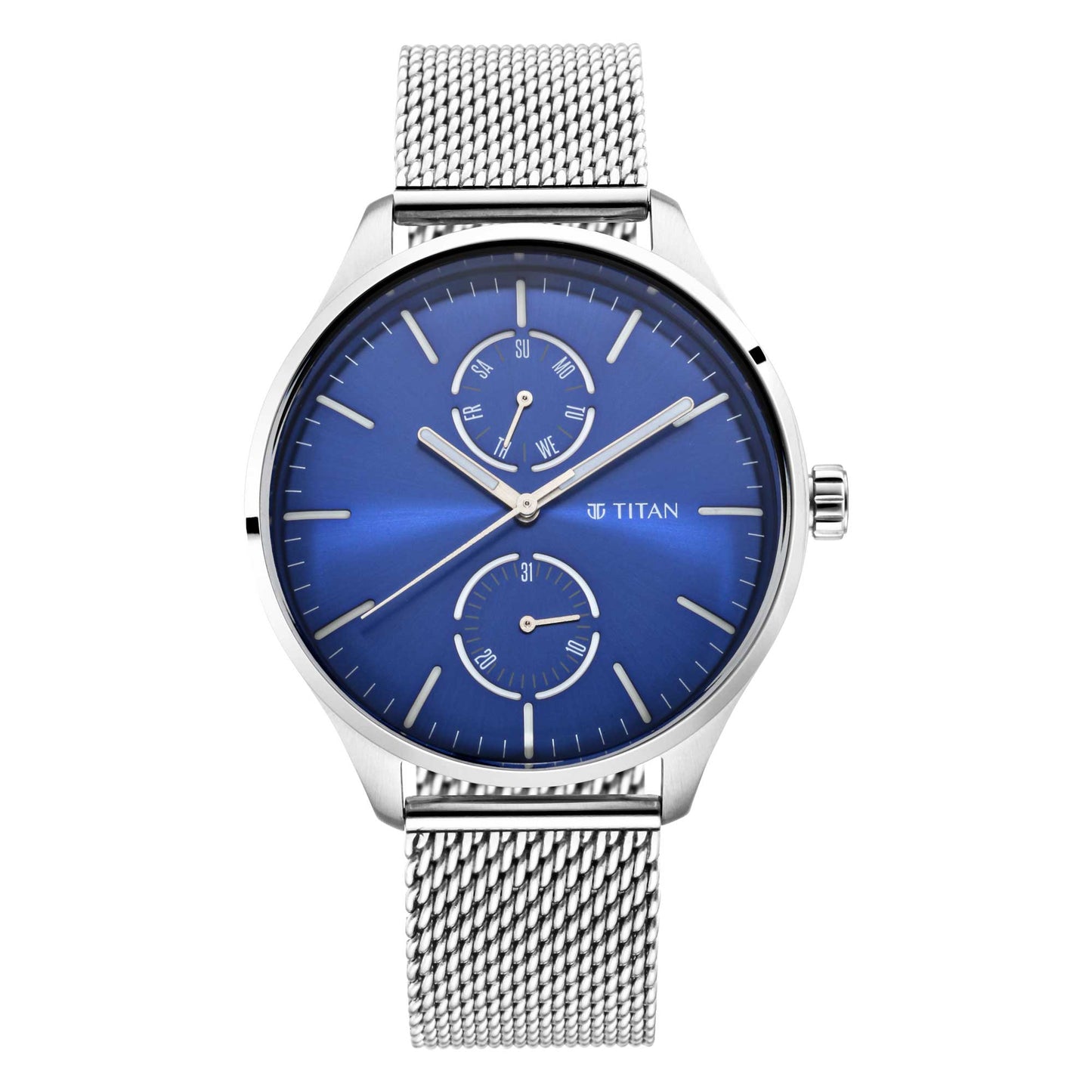 Titan Evoke Blue Dial Analog with Day and Date Stainless Steel Strap Watch for Men