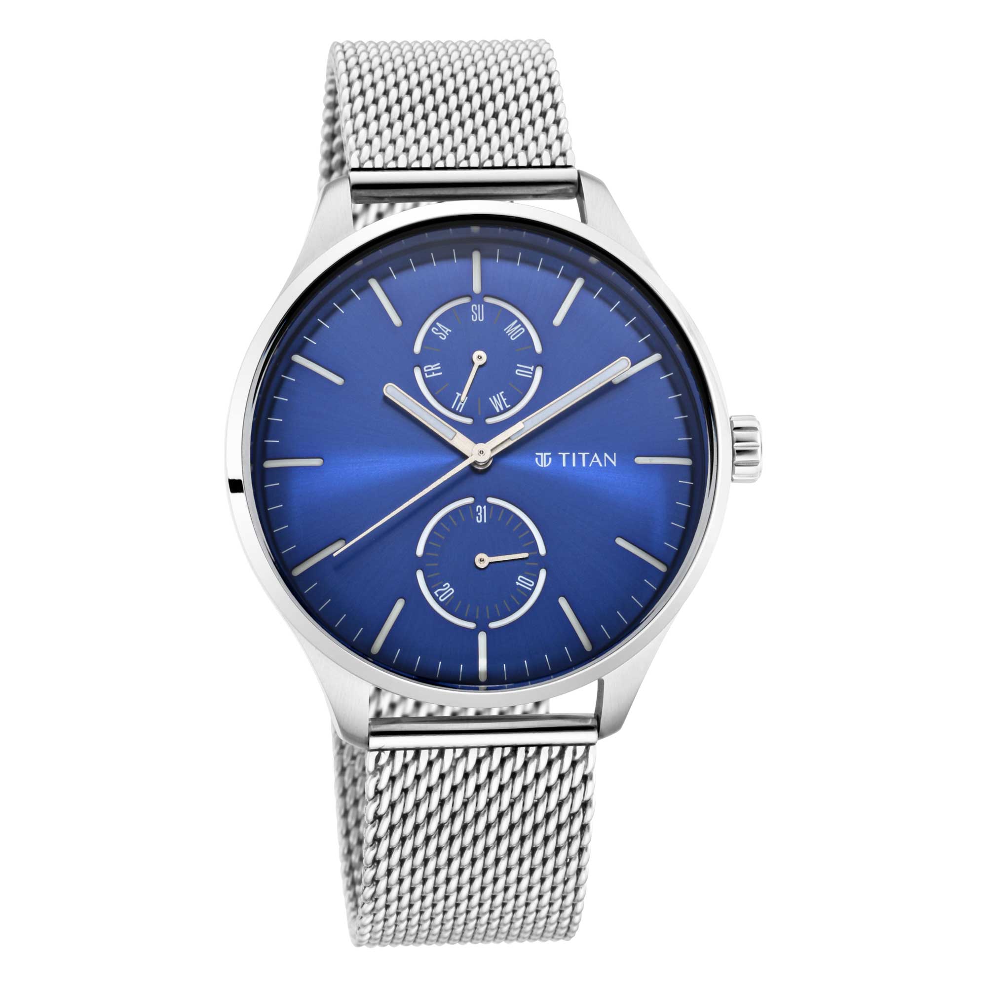 Titan Evoke Blue Dial Analog with Day and Date Stainless Steel Strap Watch for Men