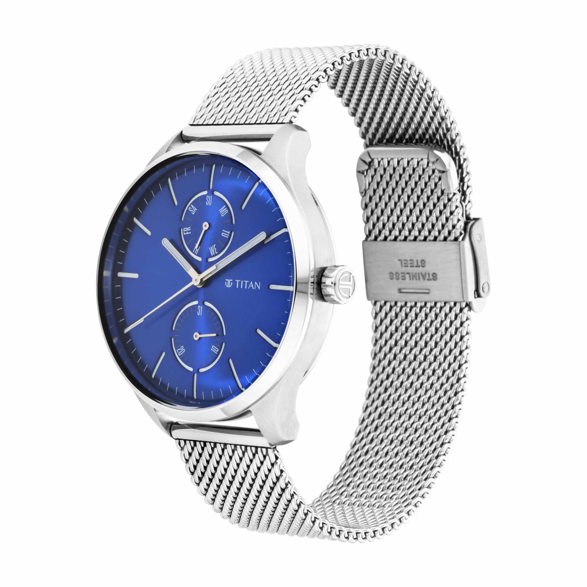 Titan Evoke Blue Dial Analog with Day and Date Stainless Steel Strap Watch for Men