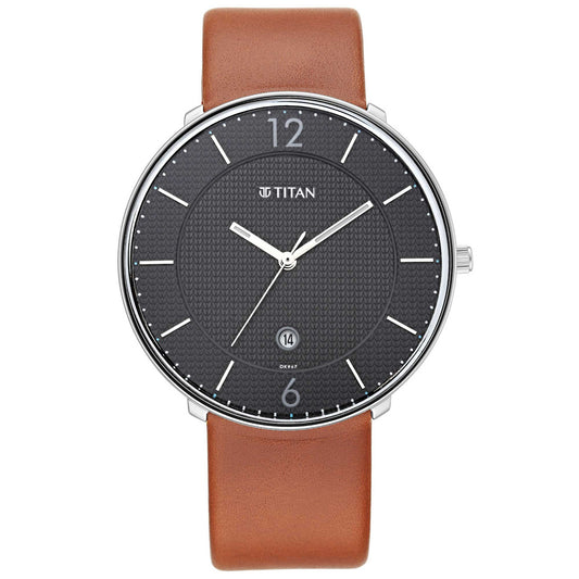 Titan Minimals Black Dial Analog Date Leather Strap Watch for Men