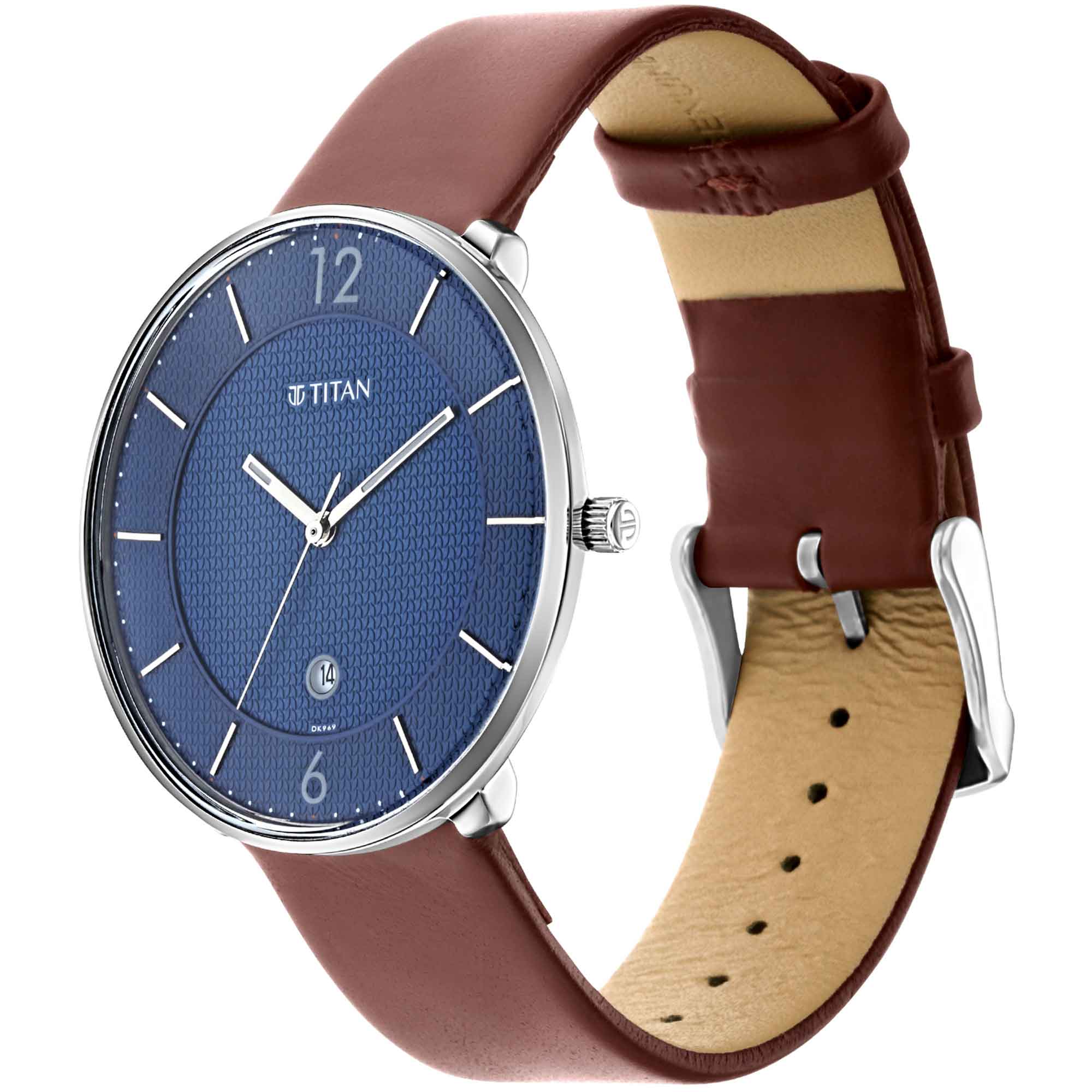 Titan Quartz Analog with Date Blue Dial Leather Strap Watch for Men