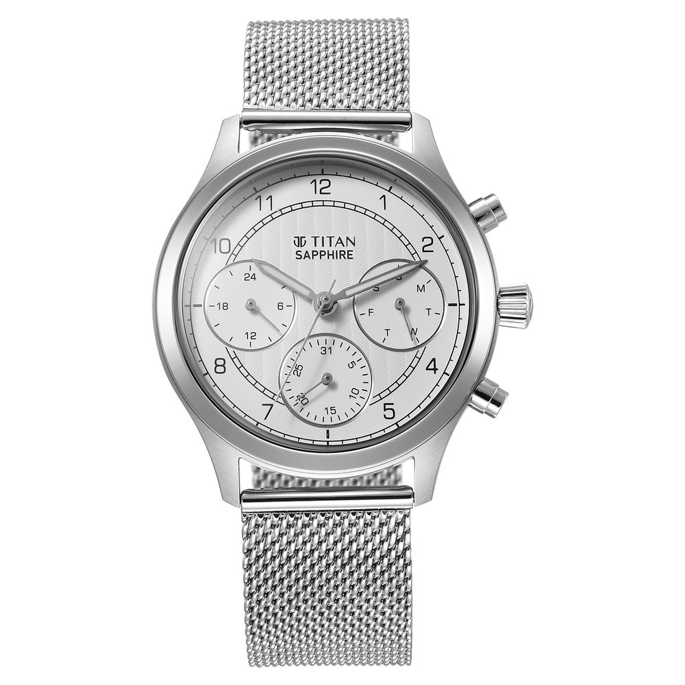 Titan Sapphire Quartz Multifunction White Dial Stainless Steel Strap Watch for Men