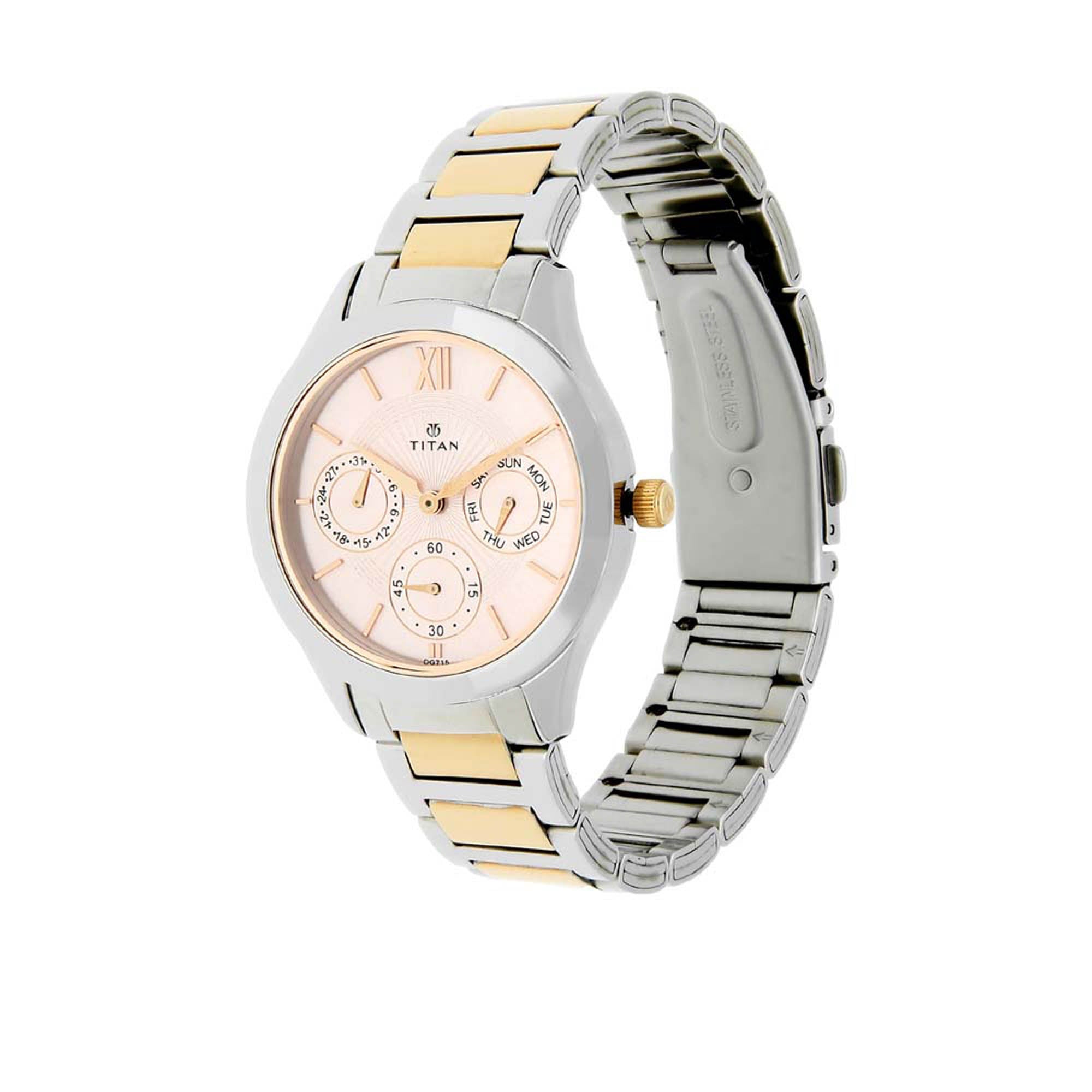 Titan Workwear Pink Dial Analog with Day and Date Stainless Steel Strap Watch for Women