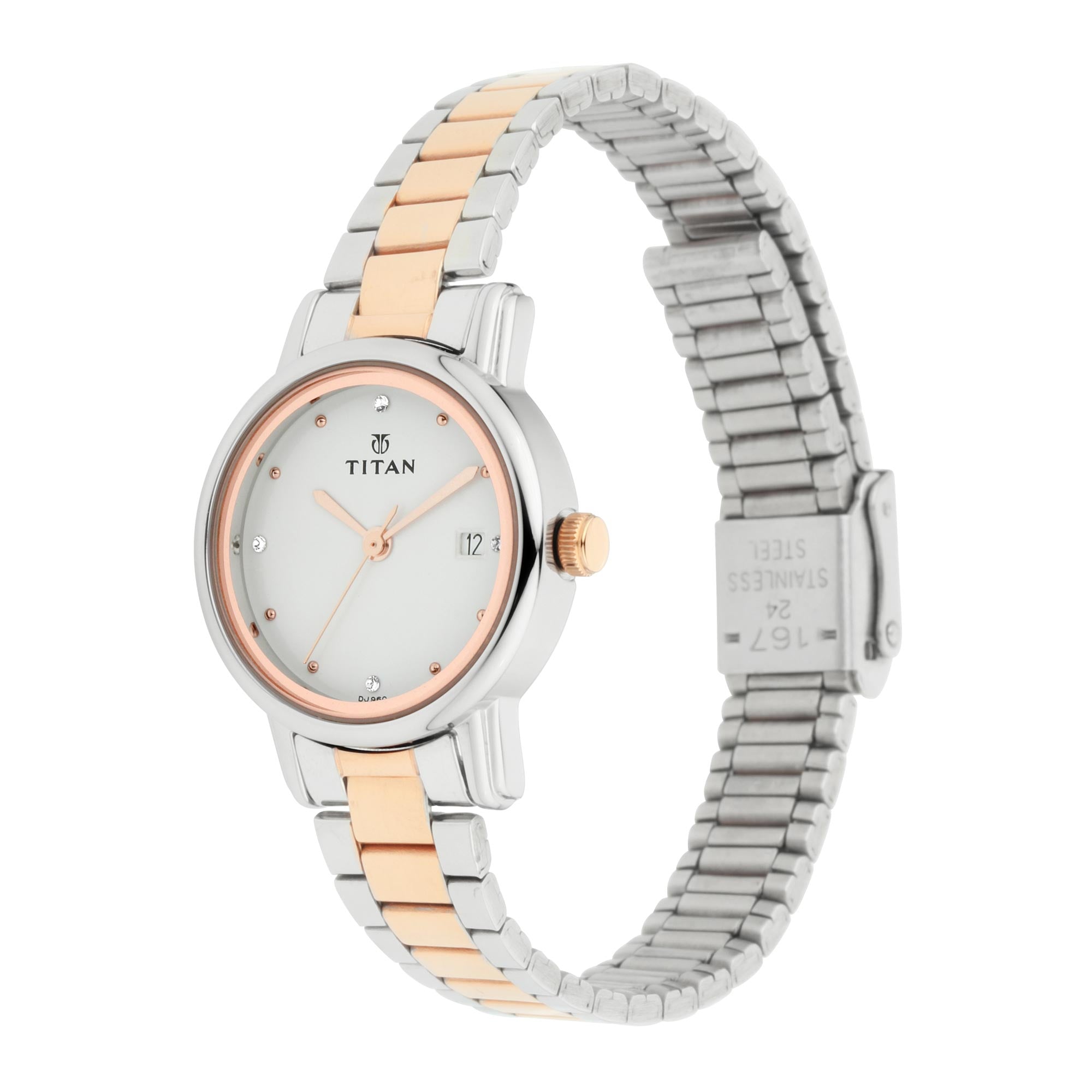 Titan Quartz Analog with Date White Dial Stainless Steel Strap Watch for Women