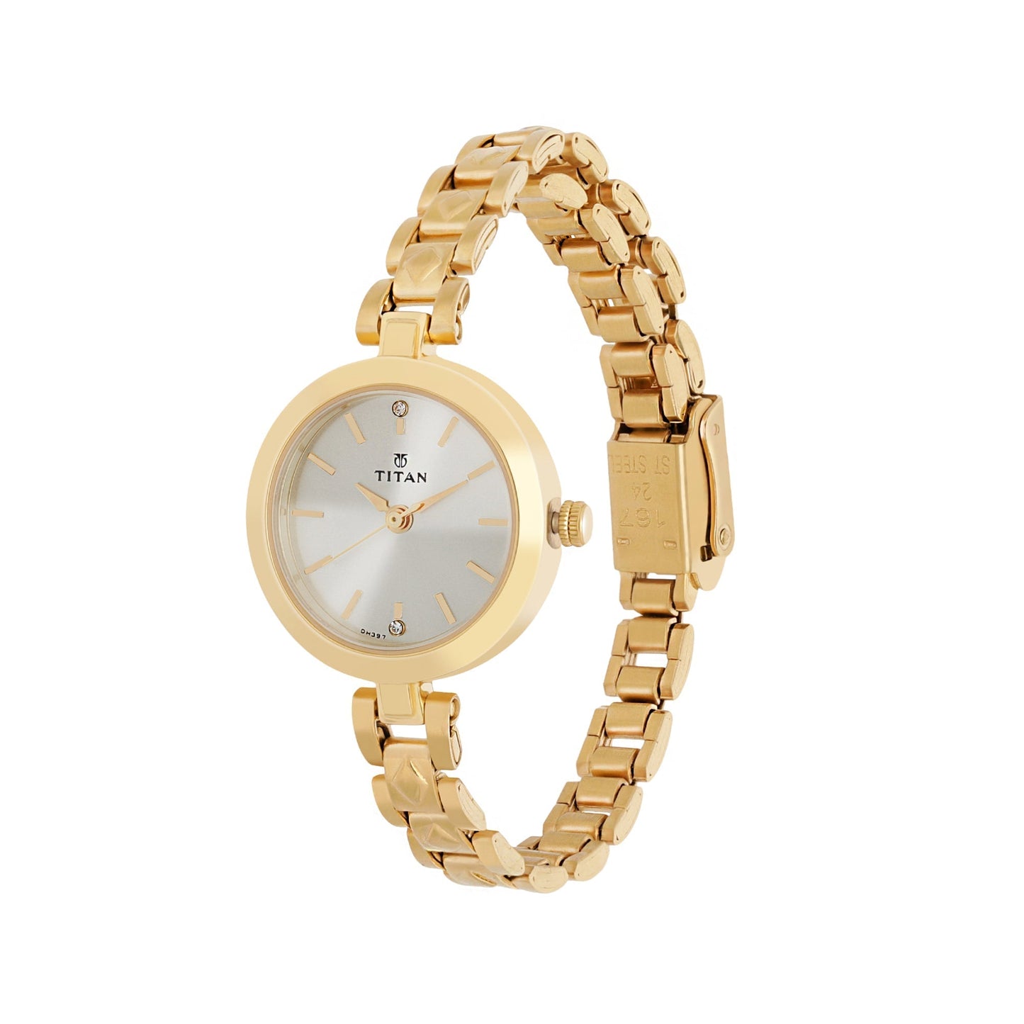 Titan Quartz Analog Champagne Dial Stainless Steel Strap Watch for Women