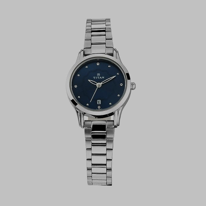 Titan Quartz Analog with Date Blue Dial Metal Strap Watch for Women