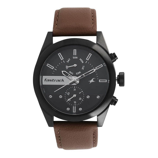 Fastrack All Nighters Quartz Multifunction Black Dial Leather Strap Watch for Guys