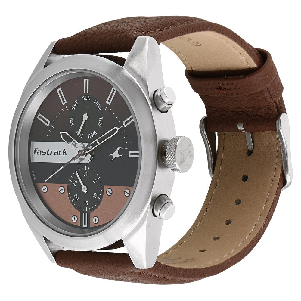 Fastrack All Nighters Quartz Multifunction Brown Dial Leather Strap Watch for Guys