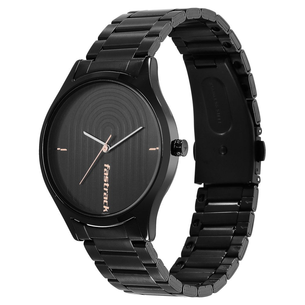 Fastrack Style Up Quartz Analog Black Dial Stainless Steel Strap Watch for Guys