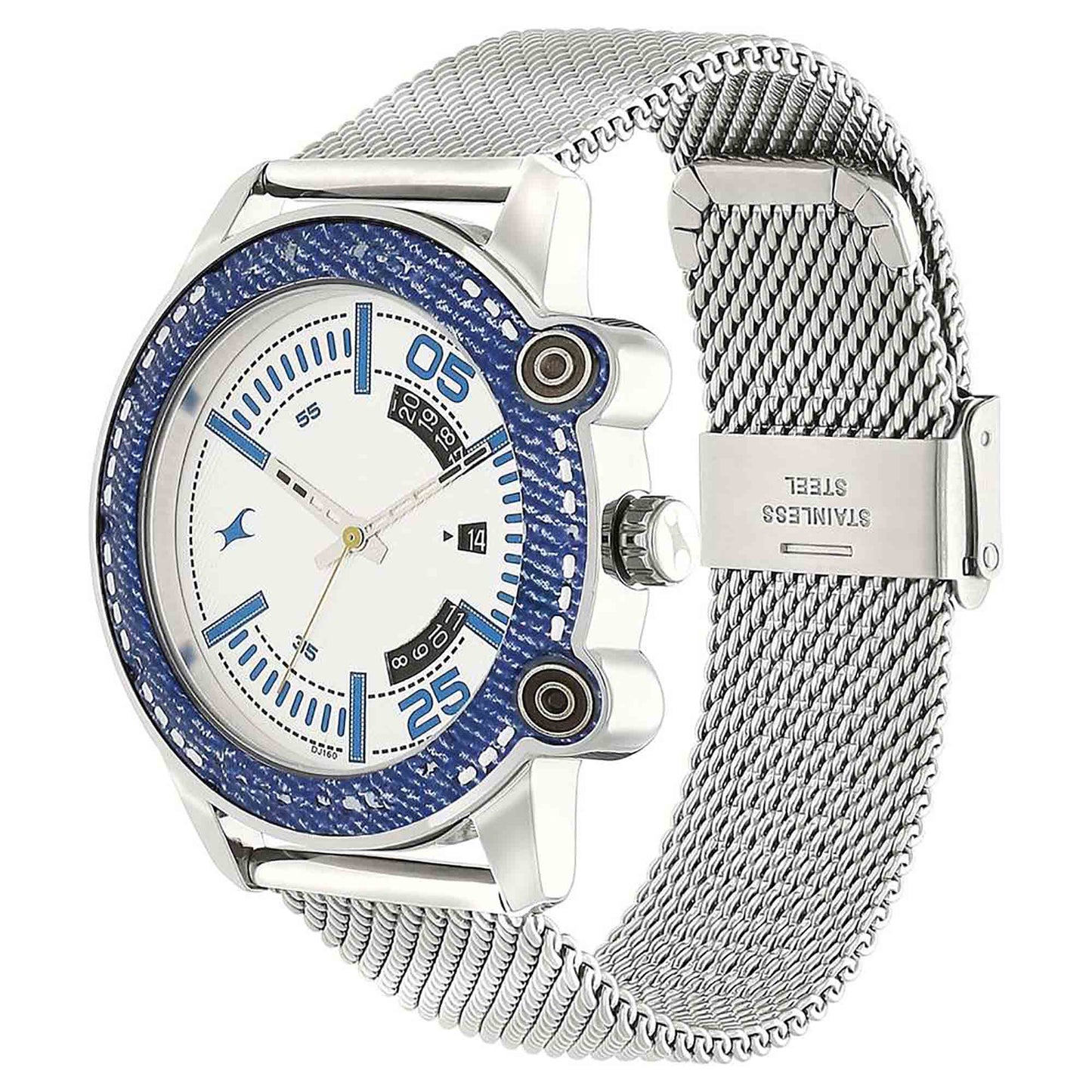 Fastrack Denim Quartz Analog with Date Silver Dial Stainless Steel Strap Watch for Guys