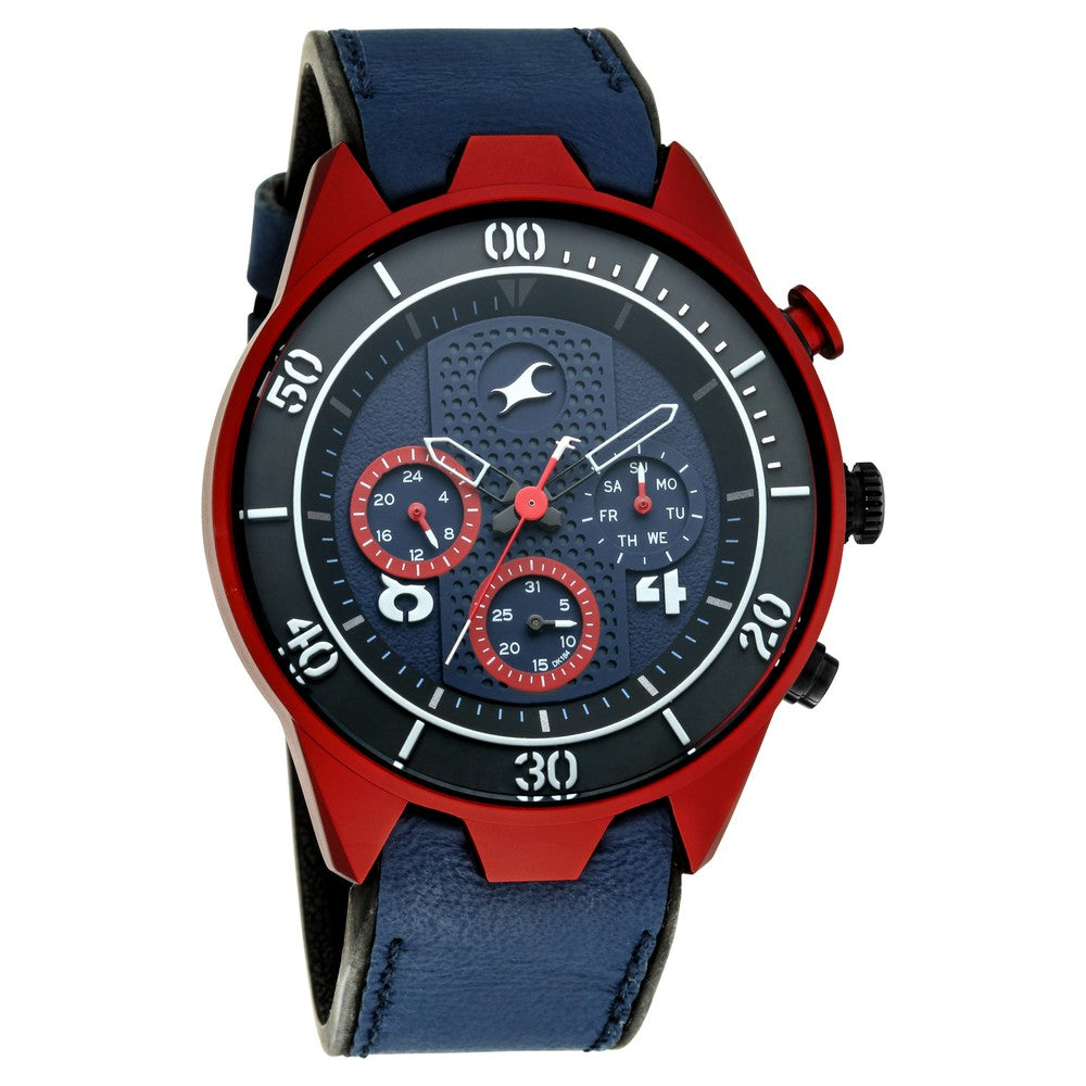 Fastrack All Nighters Quartz Multifunction Blue Dial Leather Strap Watch for Guys