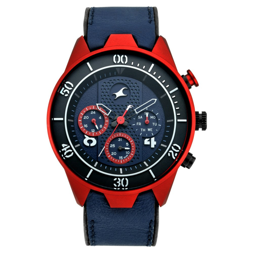 Fastrack All Nighters Quartz Multifunction Blue Dial Leather Strap Watch for Guys