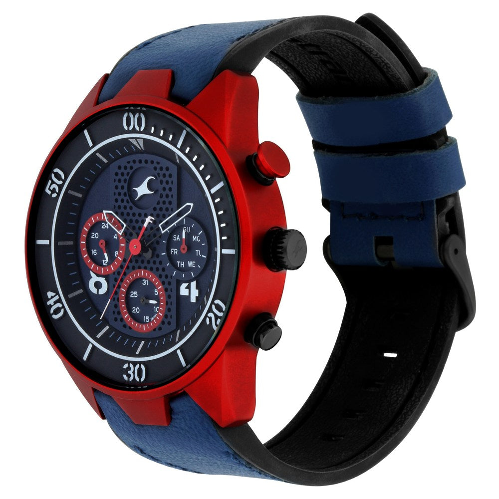 Fastrack All Nighters Quartz Multifunction Blue Dial Leather Strap Watch for Guys