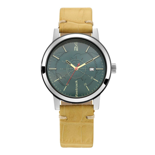 Fastrack Tripster Quartz Analog Green Dial Leather Strap Watch for Guys