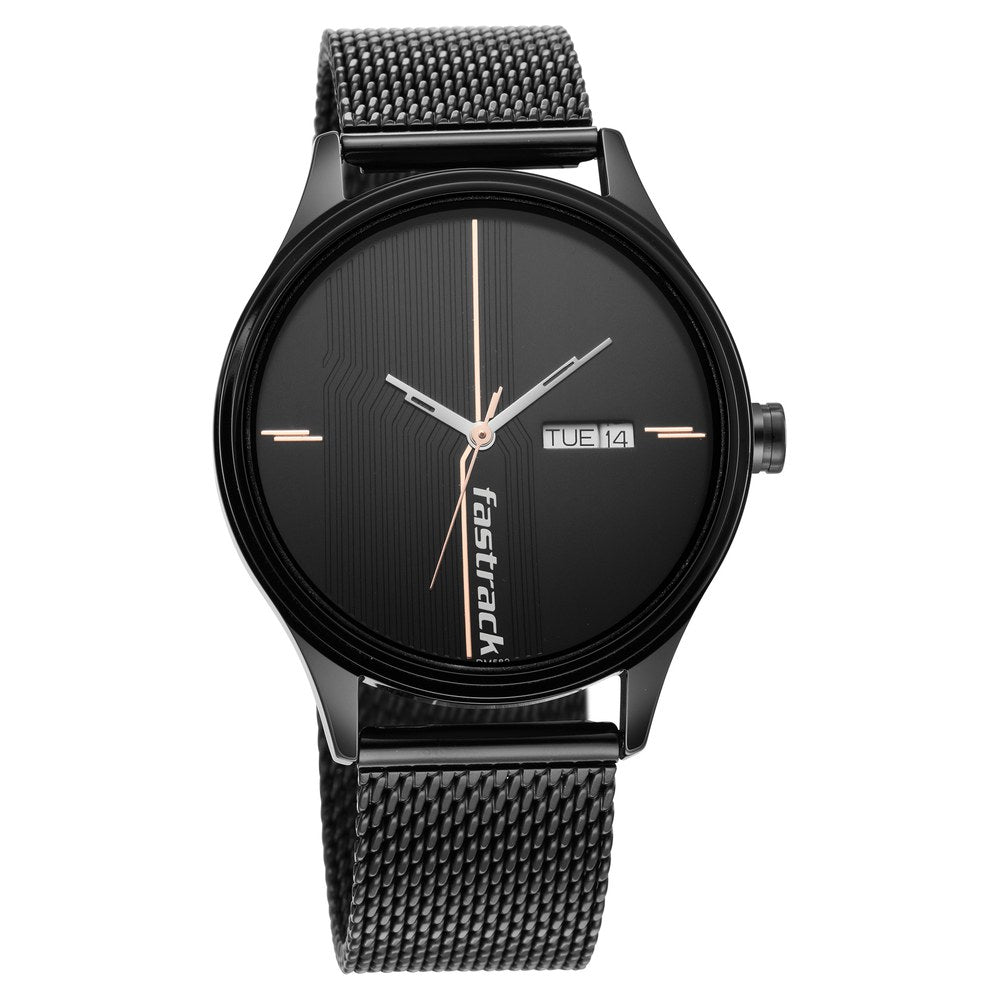 Fastrack Style Up Quartz Analog with Day and Date Black Dial Stainless Steel Strap Watch for Guys