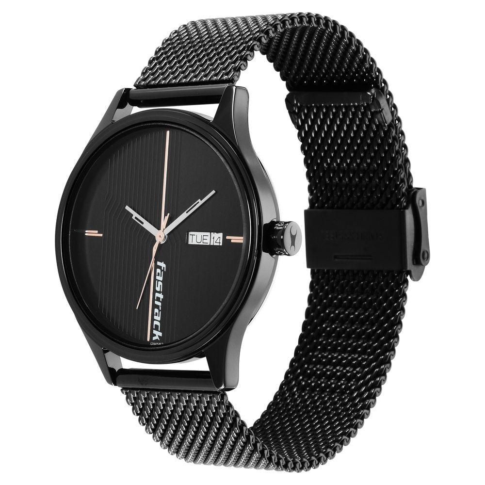 Fastrack Style Up Quartz Analog with Day and Date Black Dial Stainless Steel Strap Watch for Guys