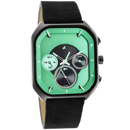 Fastrack After Dark Quartz Analog with Day and Date Green Dial Leather Strap Watch for Guys