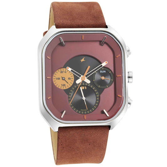 Fastrack After Dark Quartz Analog with Date Brown Dial Leather Strap Watch for Guys