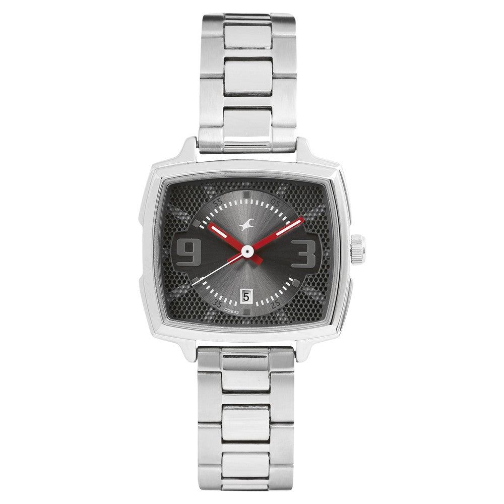 Fastrack Loopholes Quartz Analog with Date Grey Dial Stainless Steel Strap Watch for Girls