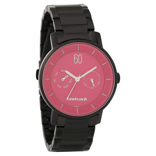 Fastrack Go Skate Quartz Analog with Day and Date Pink Dial Stainless Steel Strap Watch for Girls