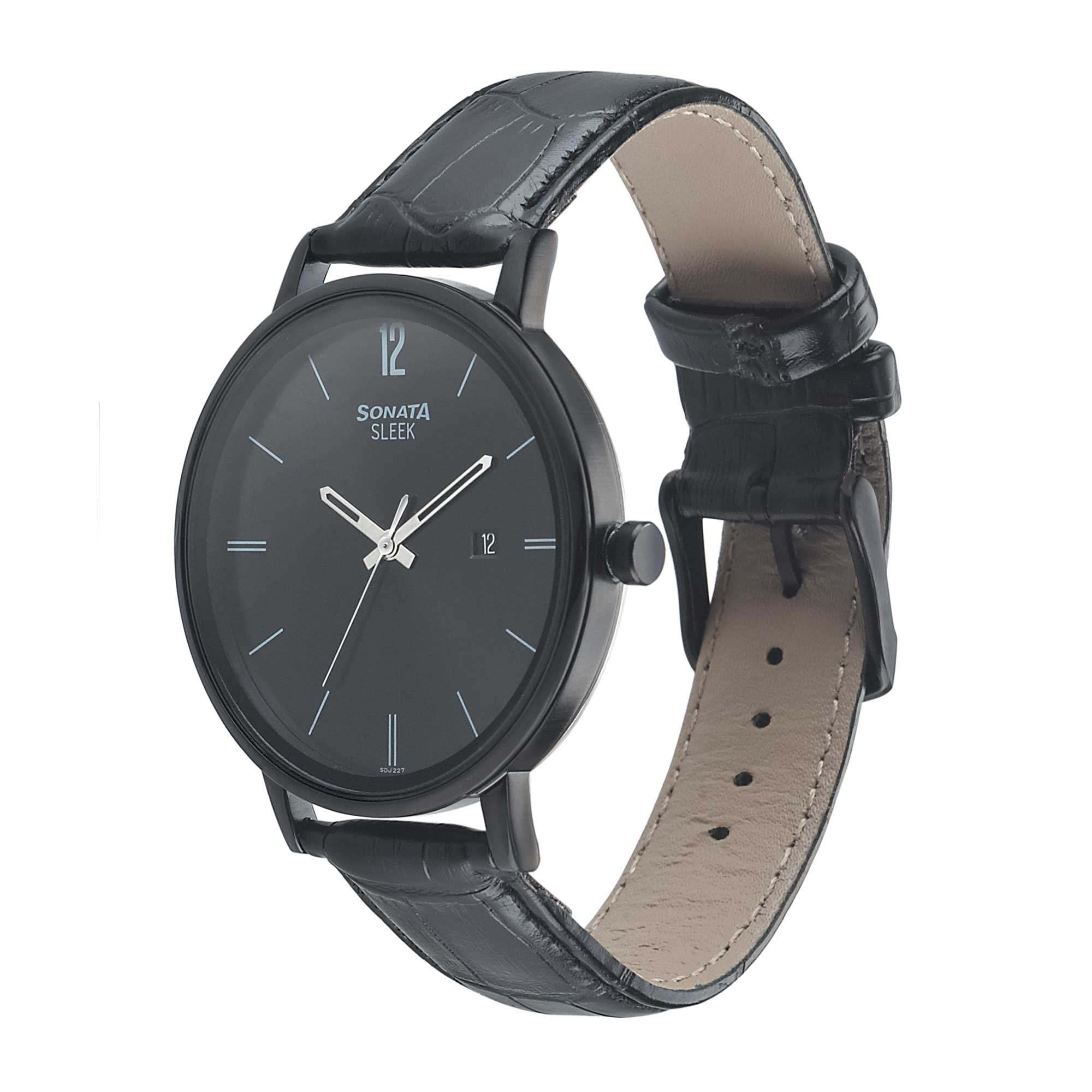 Sonata Quartz Analog with Date Black Dial Leather Strap Watch for Men