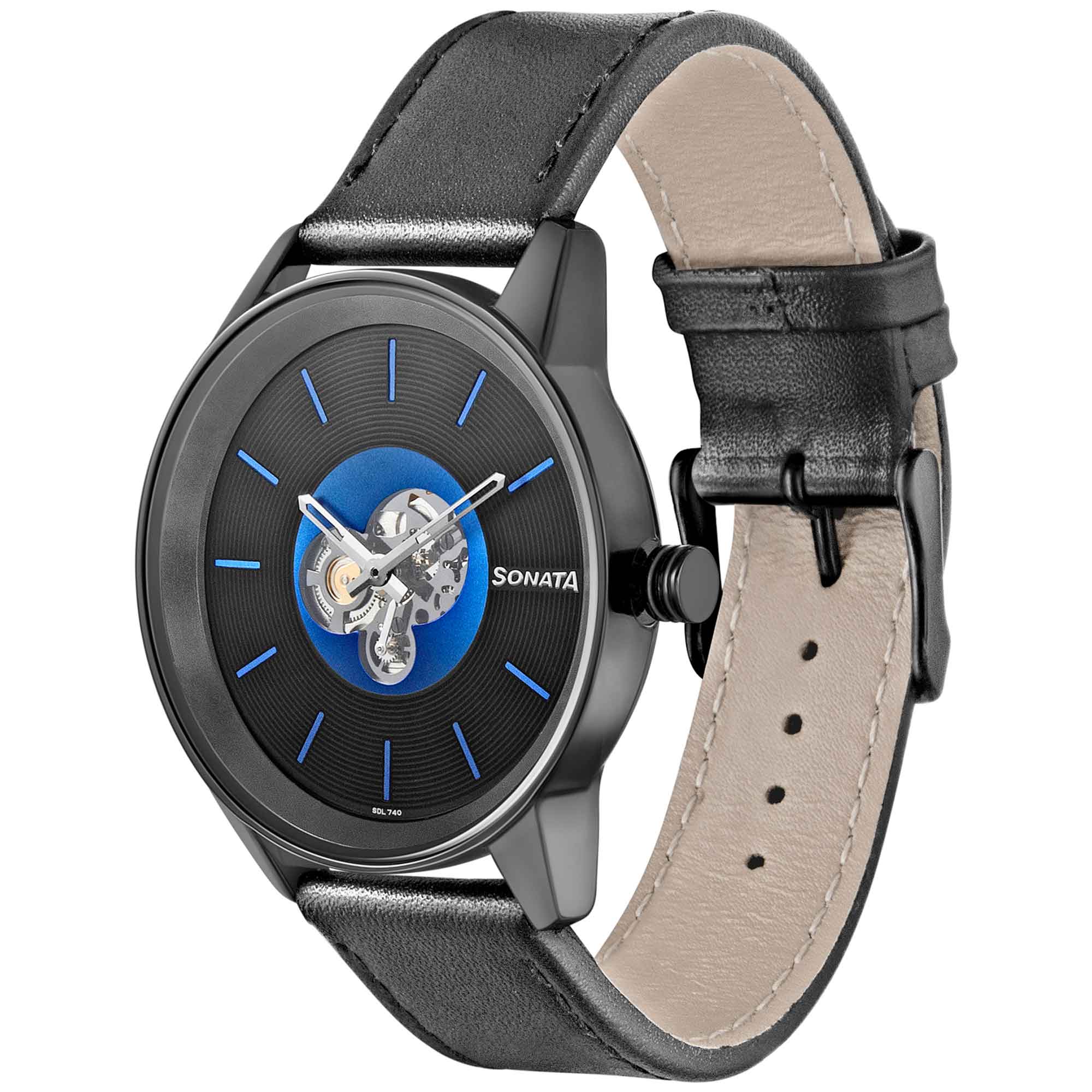 Sonata Quartz Multifunction Blue Dial Leather Strap Watch for Men