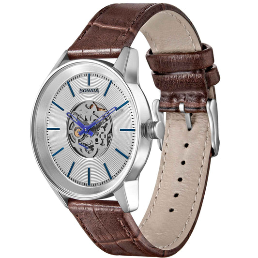 Sonata Quartz Multifunction Silver Dial Leather Strap Watch for Men