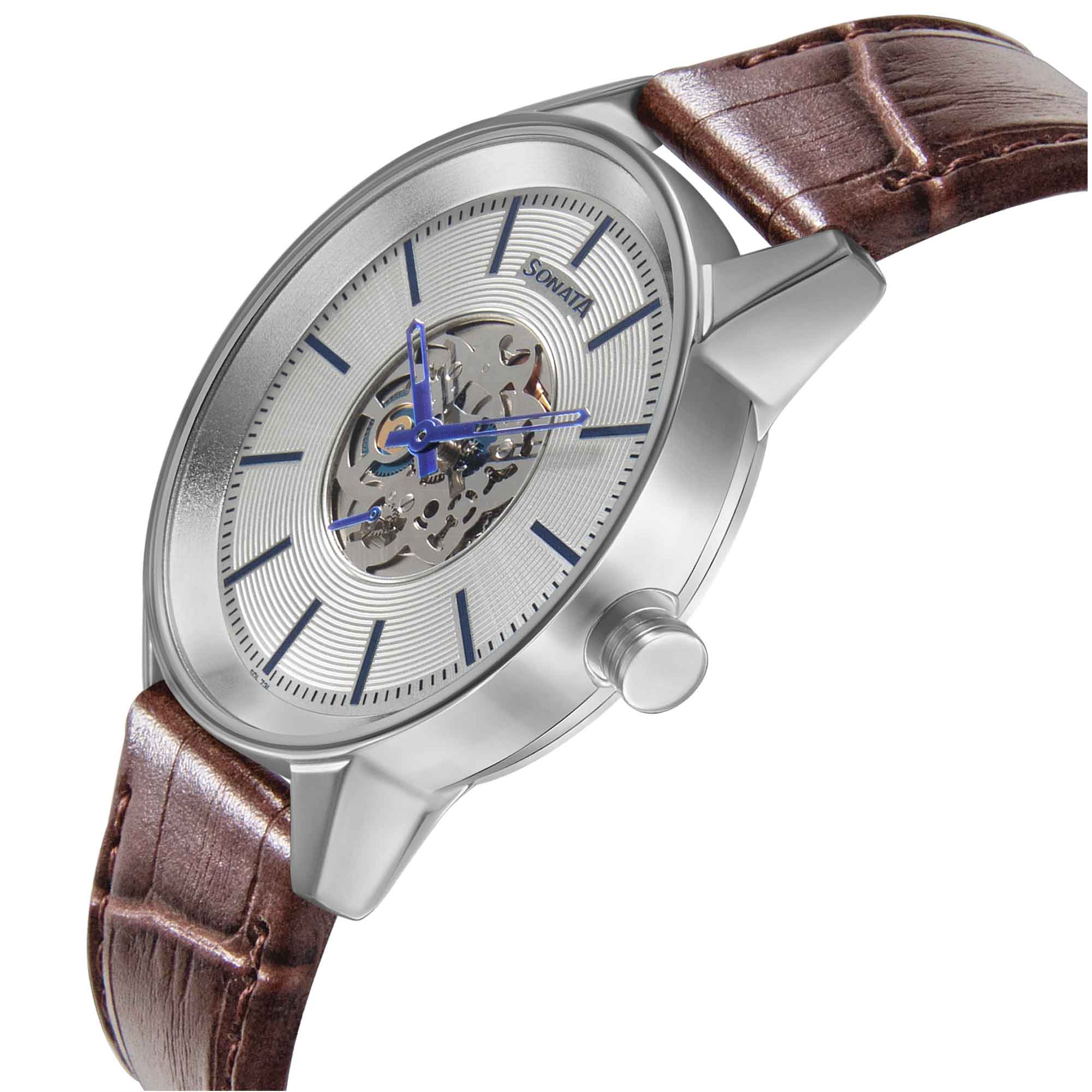 Sonata Quartz Multifunction Silver Dial Leather Strap Watch for Men