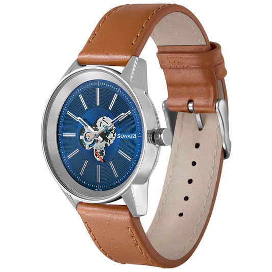 Sonata Quartz Multifunction Blue Dial Leather Strap Watch for Men