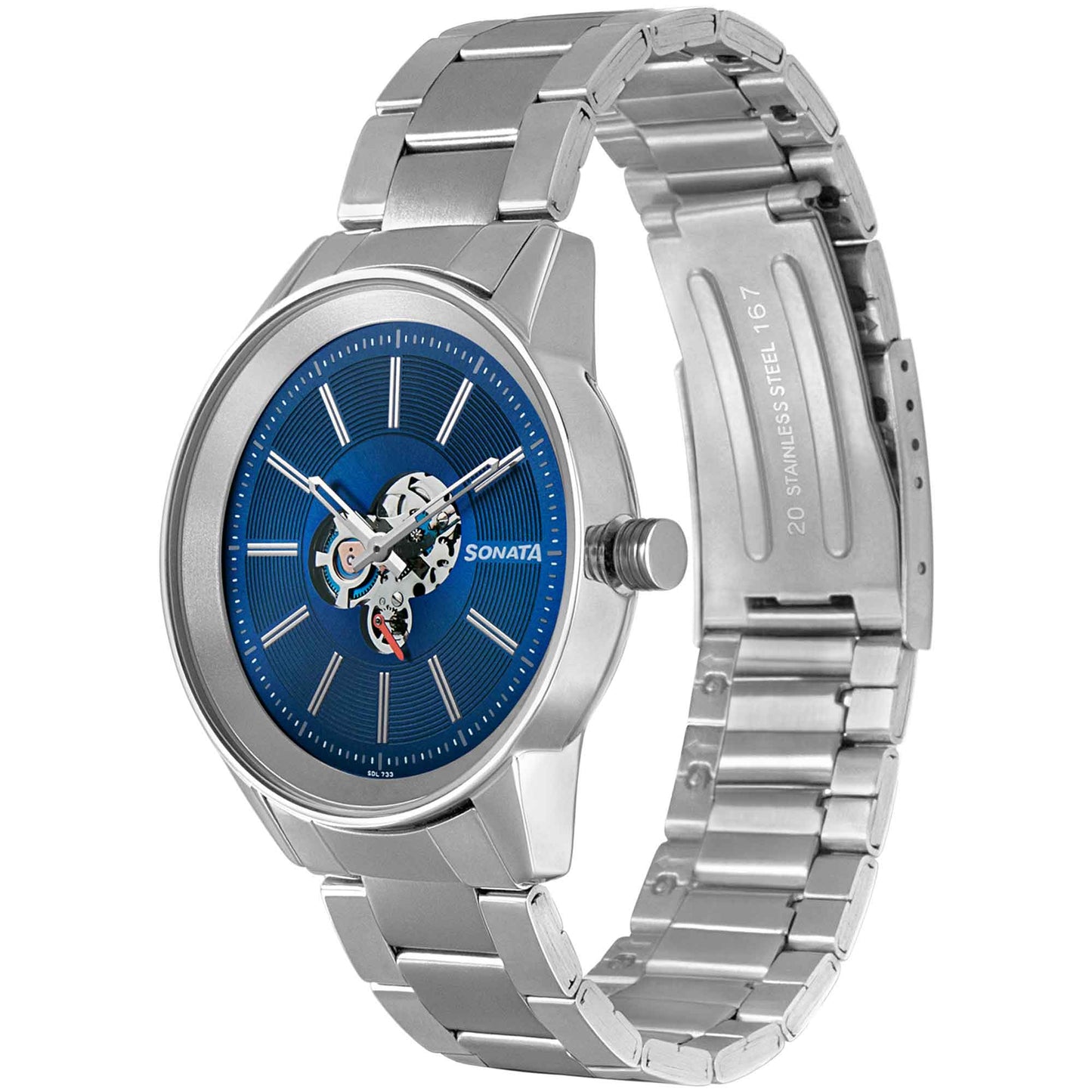 Sonata Quartz Multifunction Blue Dial Stainless Steel Strap Watch for Men